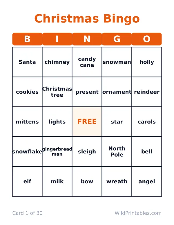 Christmas bingo card 1 of 30: a 5 by 5 grid of Christmas words with a FREE center square