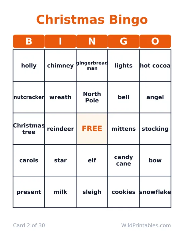Christmas bingo card 2 of 30: a 5 by 5 grid of Christmas words with a FREE center square