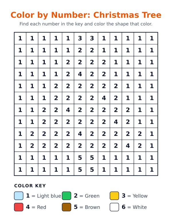 Christmas Tree color by number: a 12 by 12 grid of numbers with a 6-color key