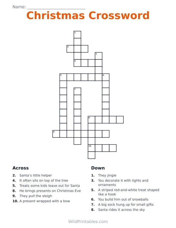 Printable Christmas crossword puzzle for kids with 12 words, a numbered grid and Across and Down clues