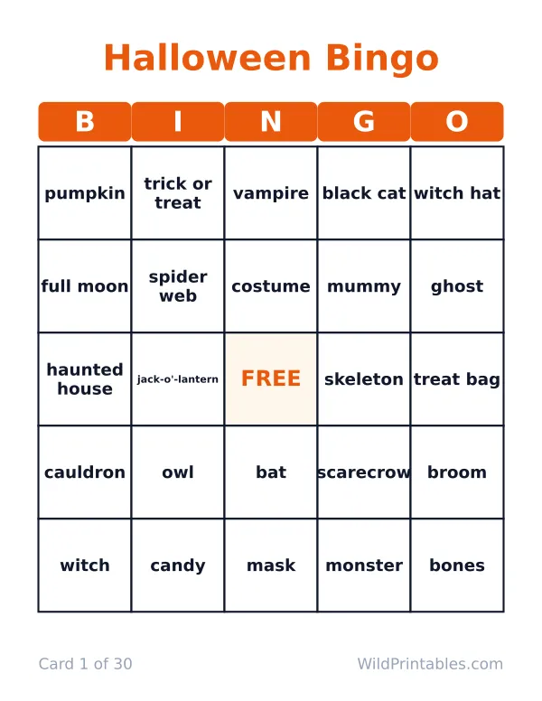 Halloween bingo card 1 of 30: a 5 by 5 grid of Halloween words with a FREE center square