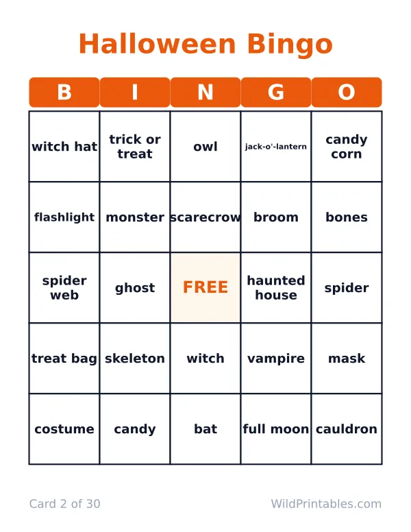 Halloween bingo card 2 of 30: a 5 by 5 grid of Halloween words with a FREE center square