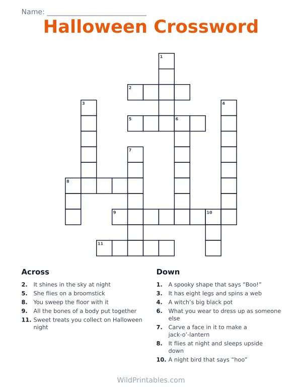 Printable Halloween crossword puzzle for kids with 12 words, a numbered grid and Across and Down clues