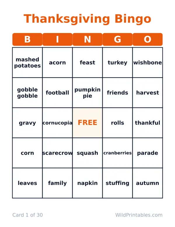Thanksgiving bingo card 1 of 30: a 5 by 5 grid of Thanksgiving words with a FREE center square