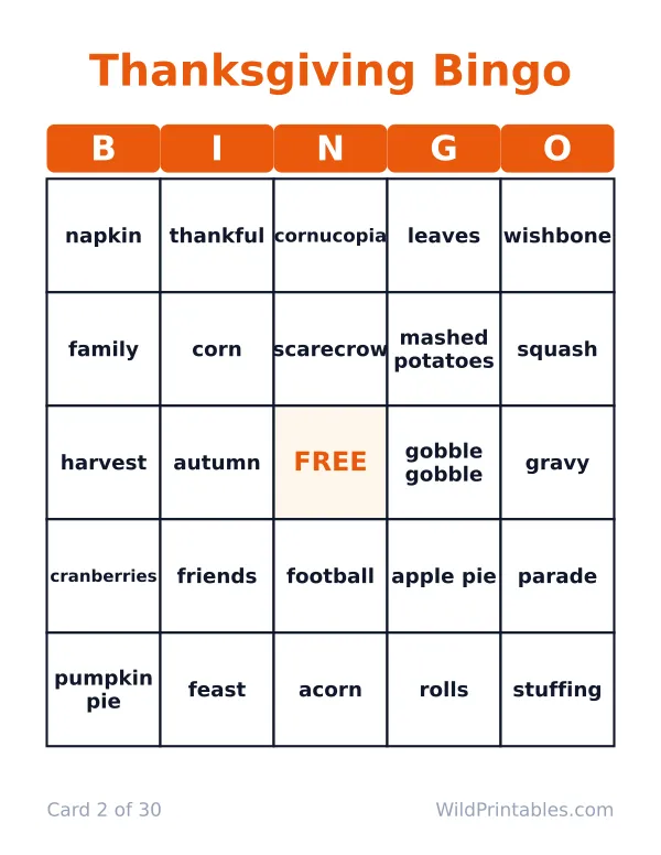 Thanksgiving bingo card 2 of 30: a 5 by 5 grid of Thanksgiving words with a FREE center square