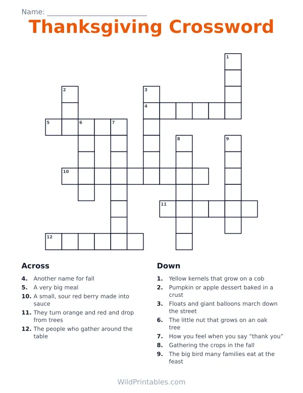 Printable Thanksgiving crossword puzzle for kids with 12 words, a numbered grid and Across and Down clues