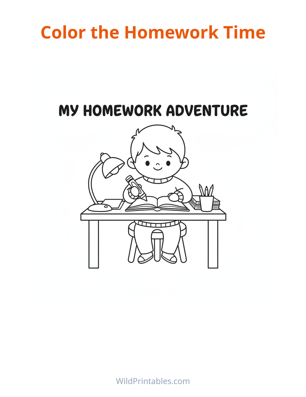 Homework Time Coloring Page — free printable coloring for kids to print and color at home