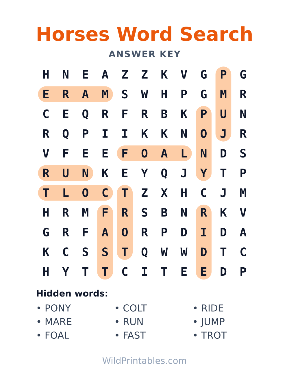 Horses Word Search — answer key