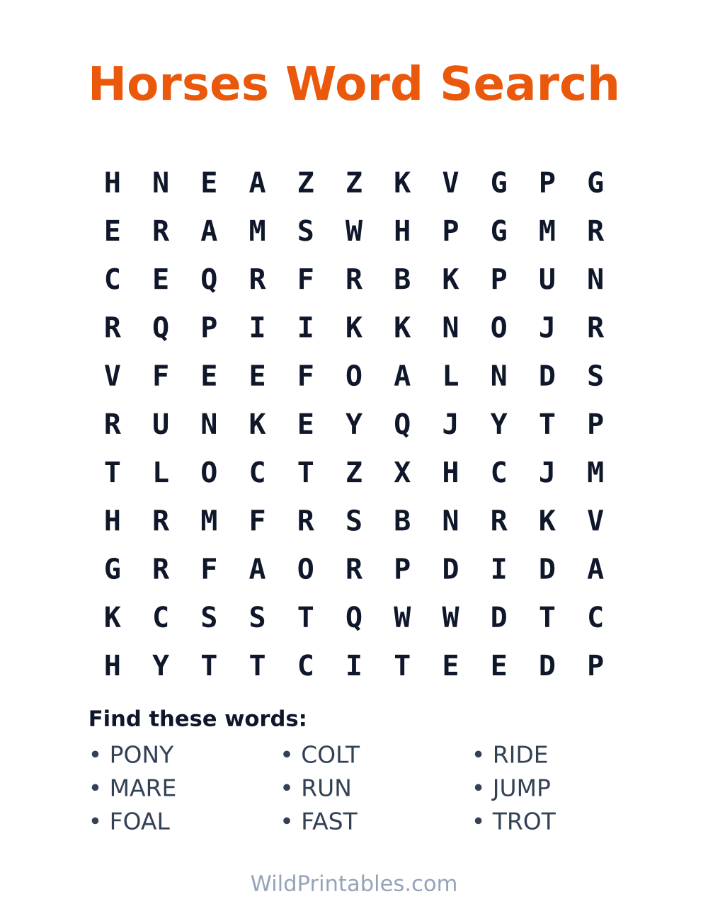 Horses Word Search — free printable word search for kids