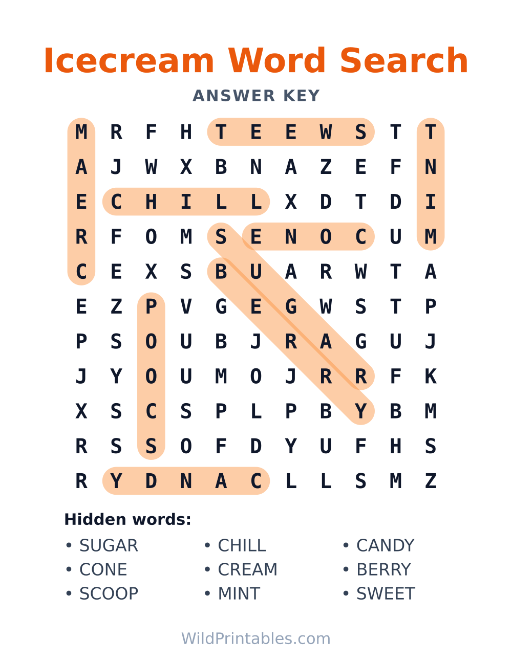 Icecream Word Search — answer key