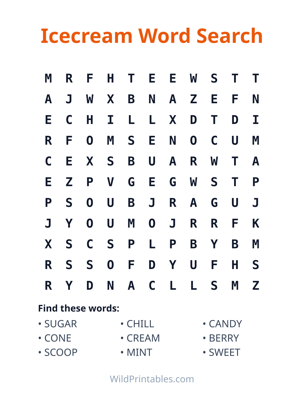 Icecream Word Search — free printable word search for kids to print and color at home