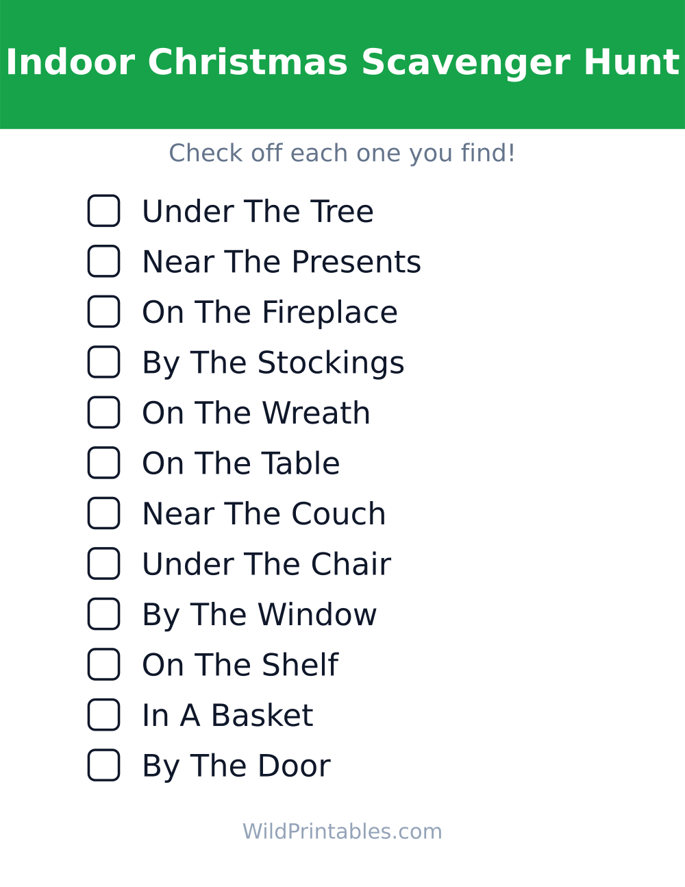 Indoor Christmas Scavenger Hunt — free printable scavenger hunt for kids to print and color at home