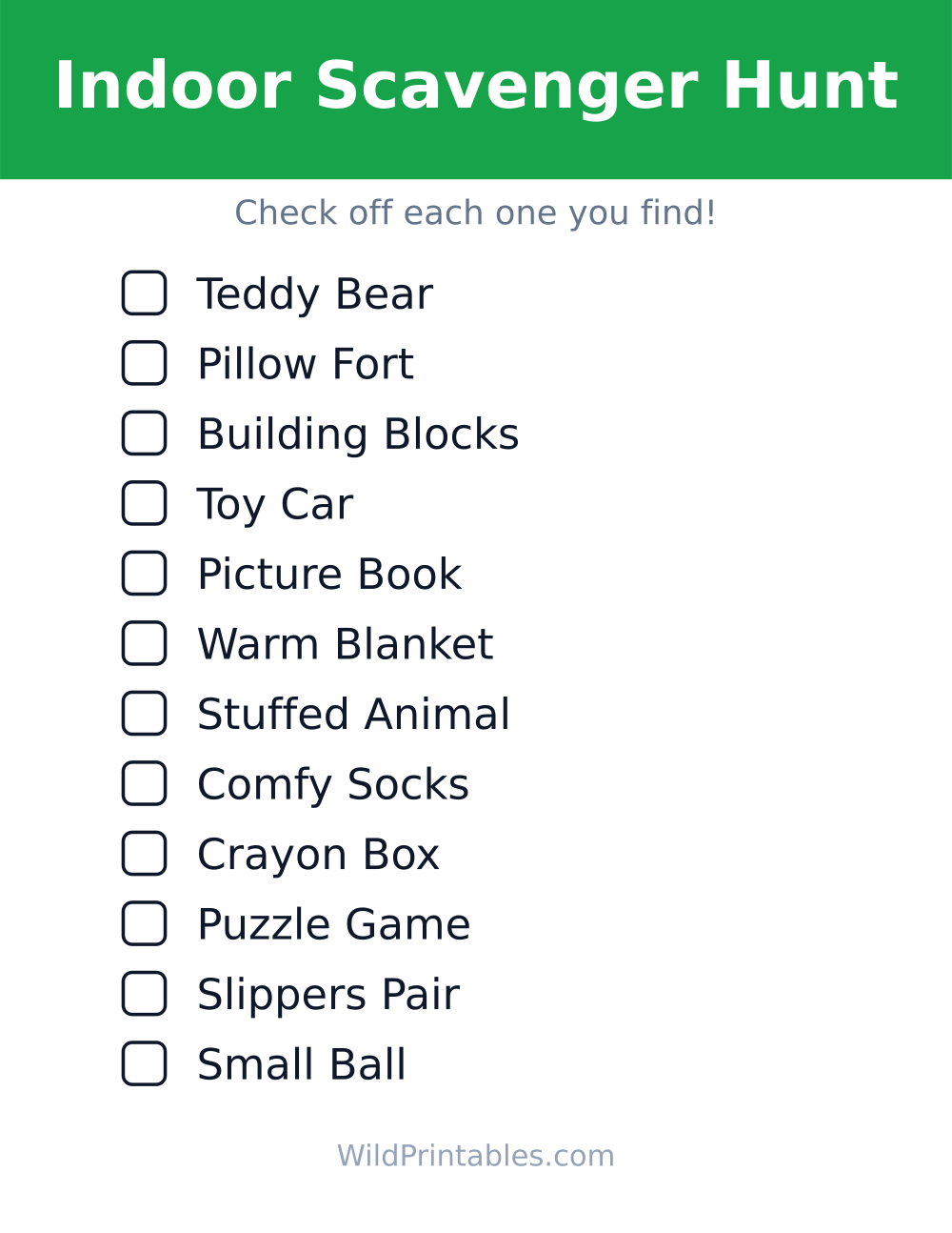 Indoor Scavenger Hunt — free printable scavenger hunt for kids to print and color at home
