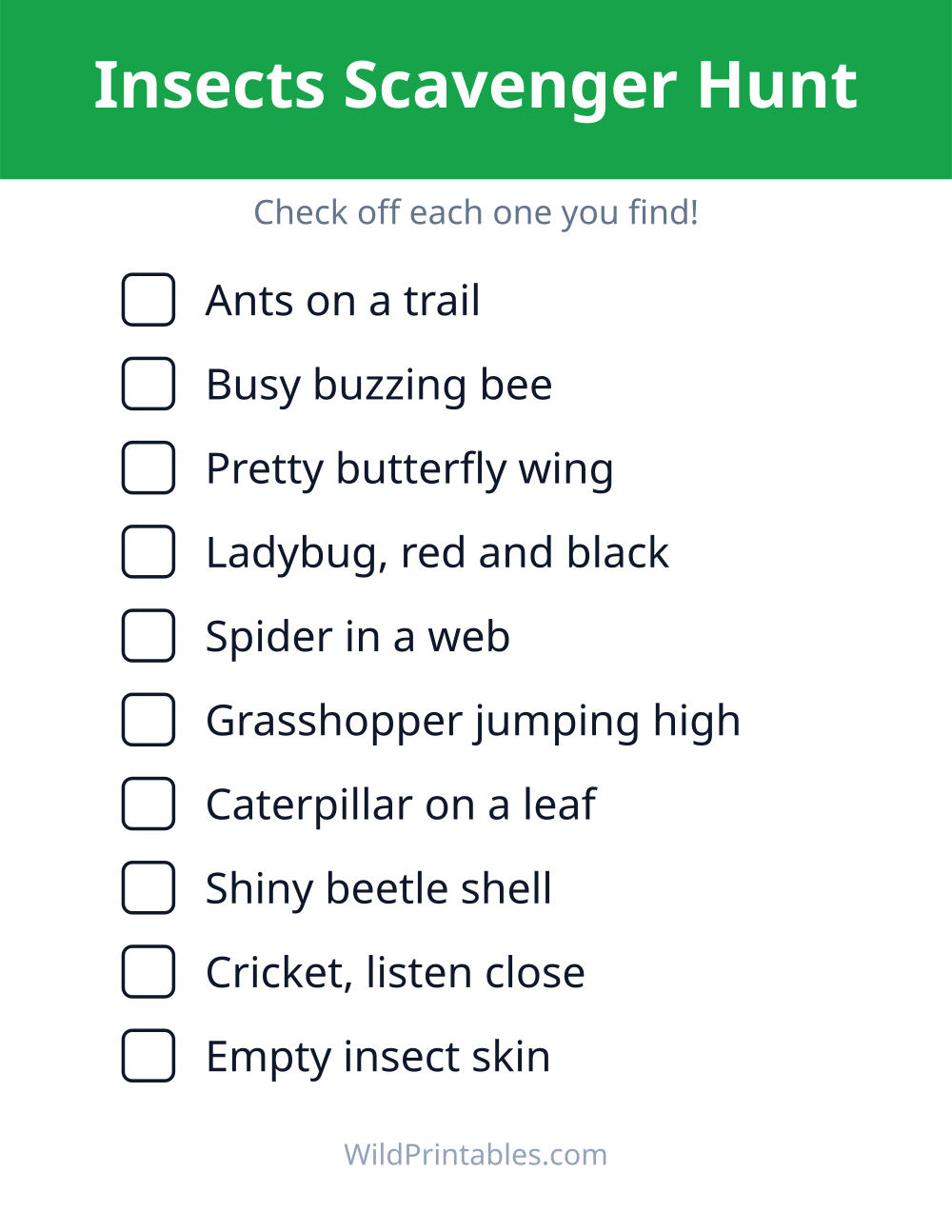 Insects Scavenger Hunt — free printable scavenger hunt for kids
