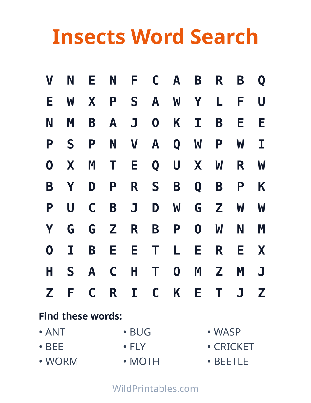 Insects Word Search — free printable word search for kids