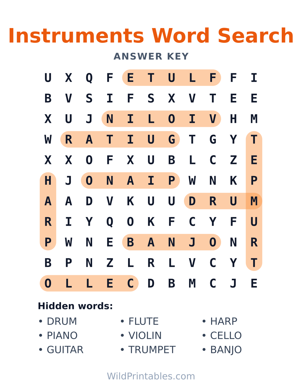 Instruments Word Search — answer key