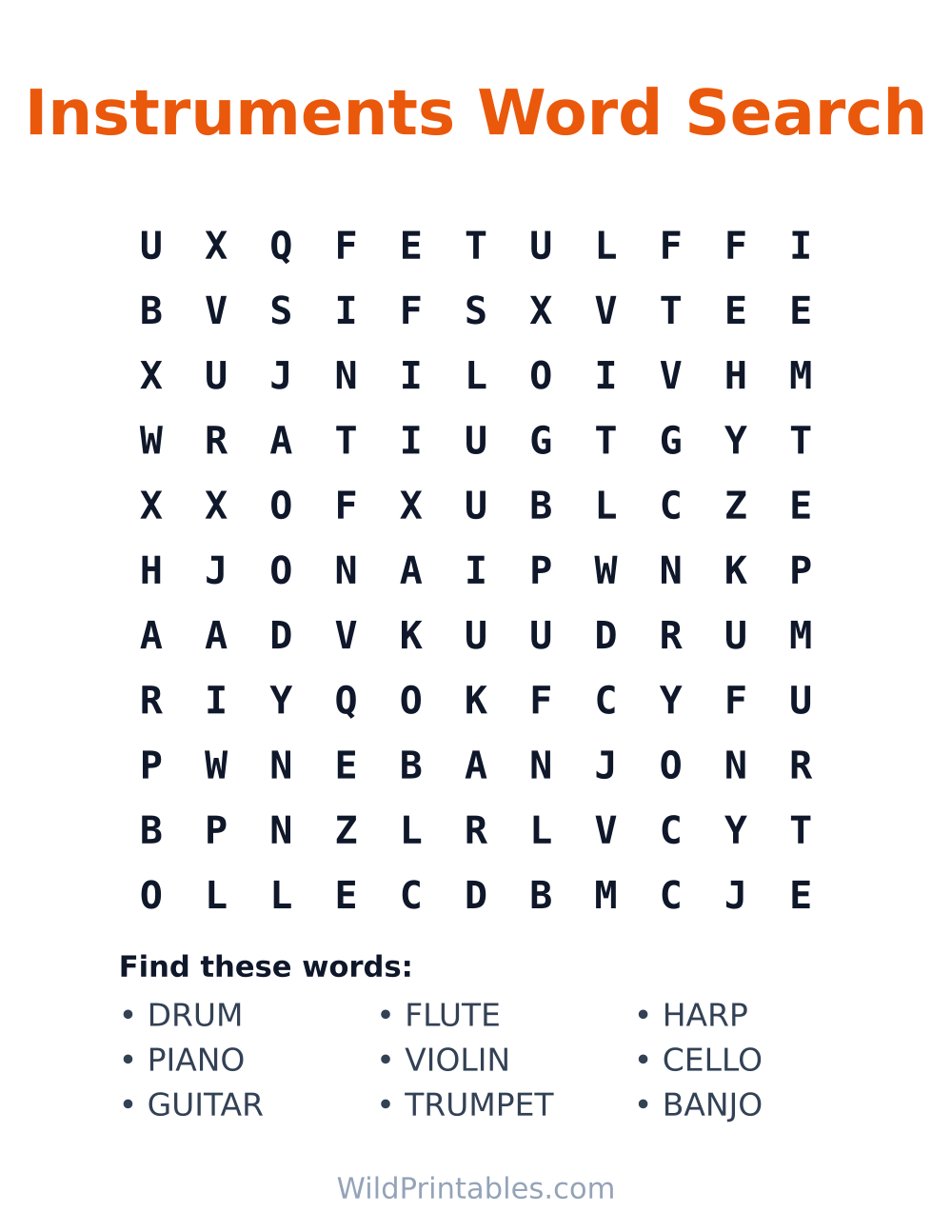 Instruments Word Search — free printable word search for kids
