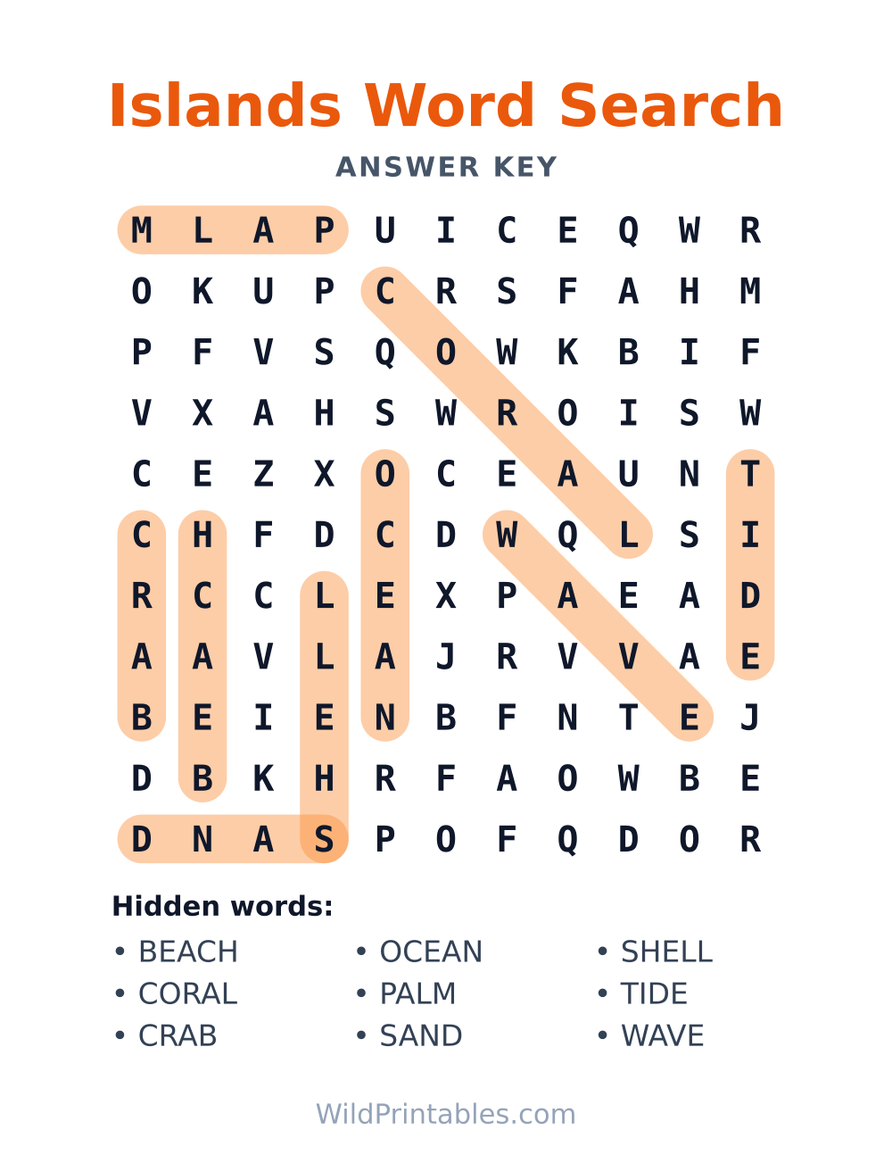 Islands Word Search — answer key