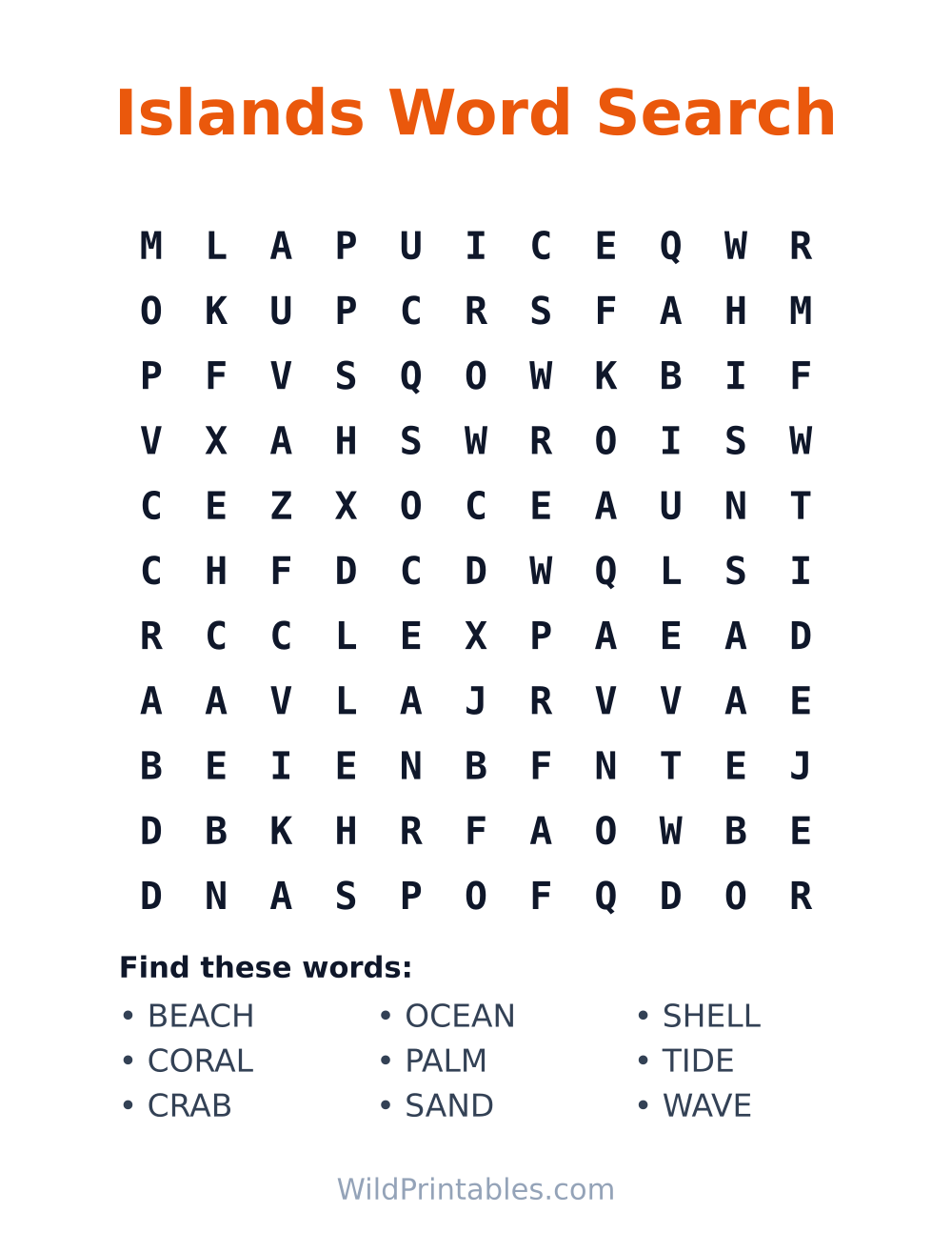 Islands Word Search — free printable word search for kids