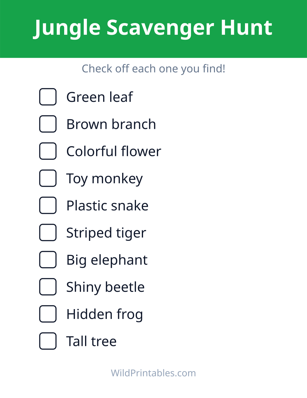 Jungle Scavenger Hunt — free printable scavenger hunt for kids