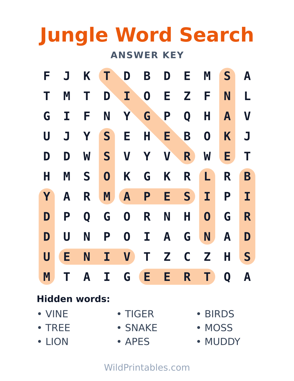Jungle Word Search — answer key