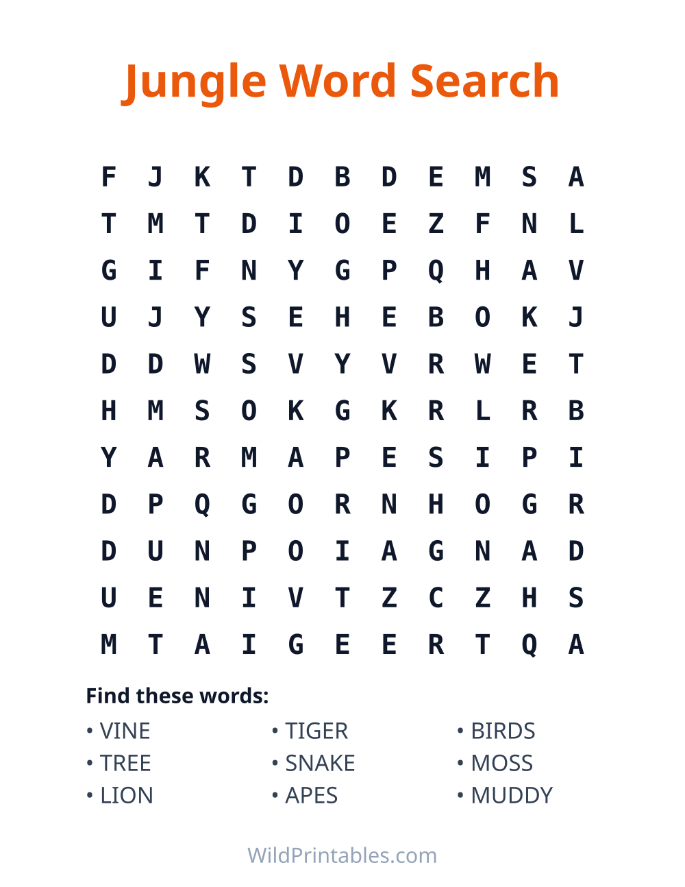 Jungle Word Search — free printable word search for kids to print and color at home