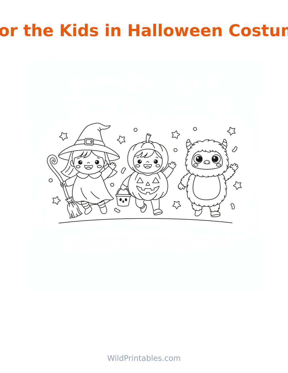 Kids in Halloween Costumes Coloring Page — free printable coloring for kids to print and color at home
