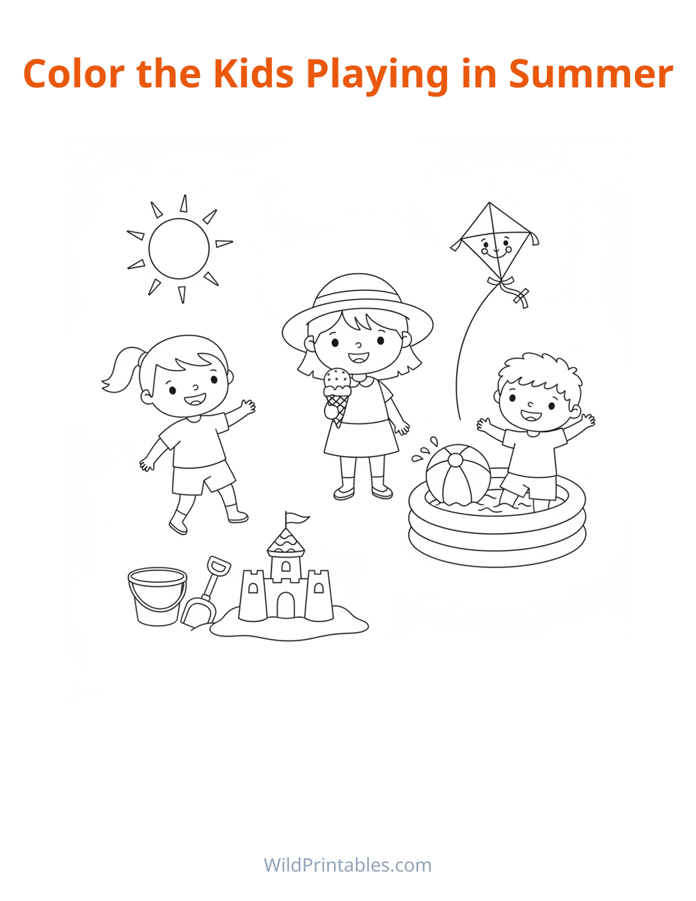 Kids Playing in Summer Coloring Page — free printable coloring for kids to print and color at home