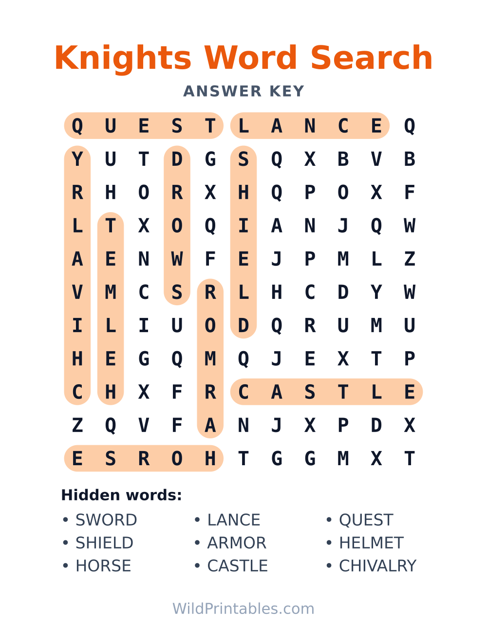 Knights Word Search — answer key