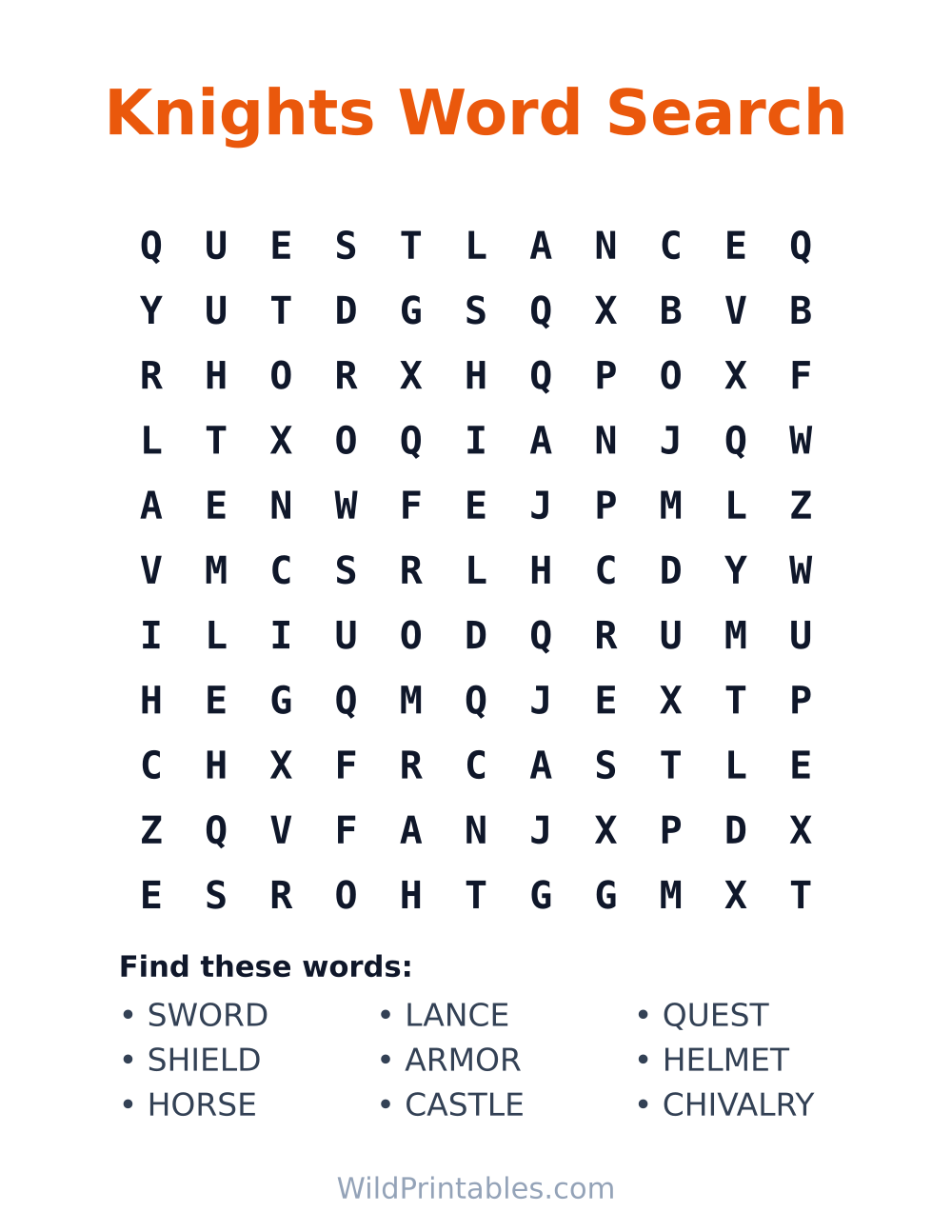 Knights Word Search — free printable word search for kids