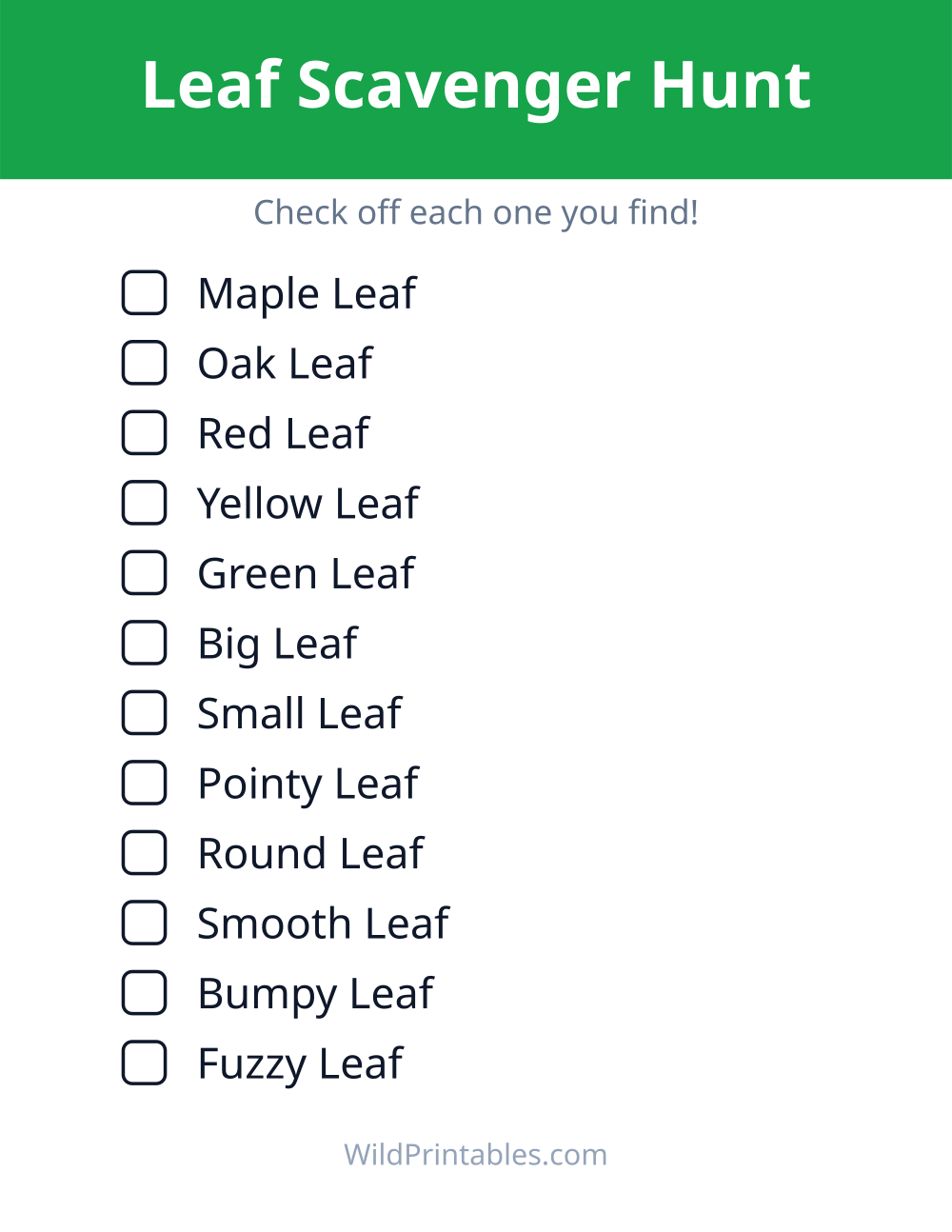 Leaf Scavenger Hunt — free printable scavenger hunt for kids to print and color at home