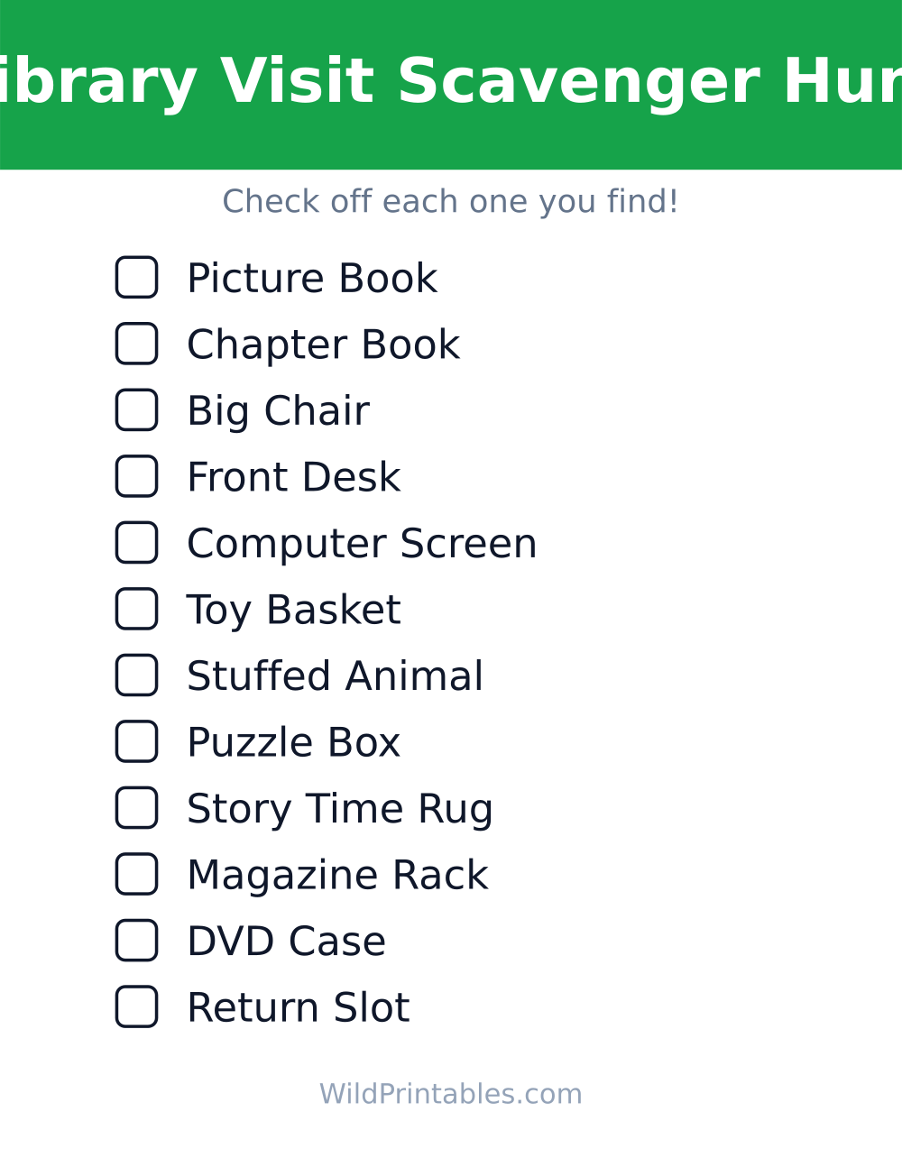 Library Visit Scavenger Hunt — free printable scavenger hunt for kids