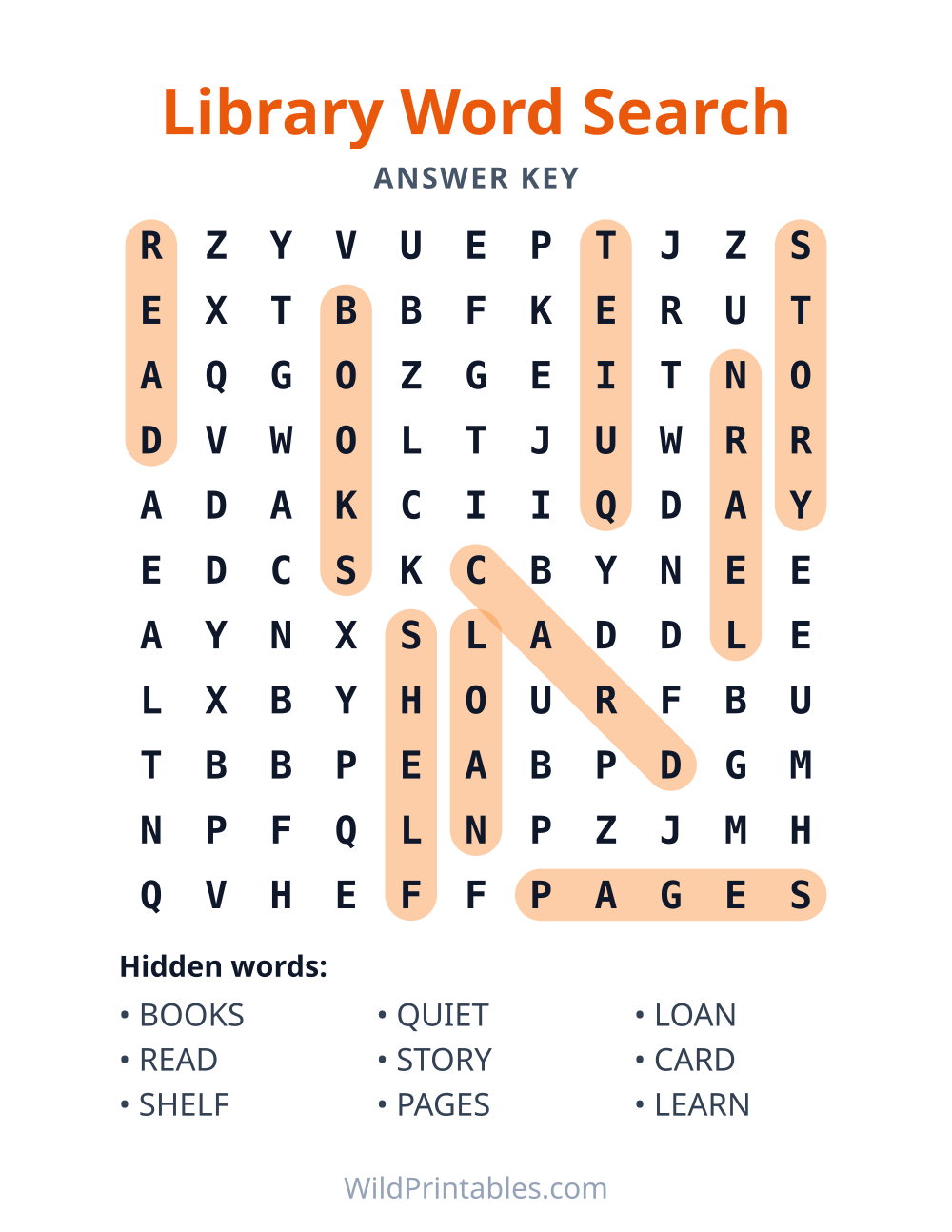 Library Word Search — answer key