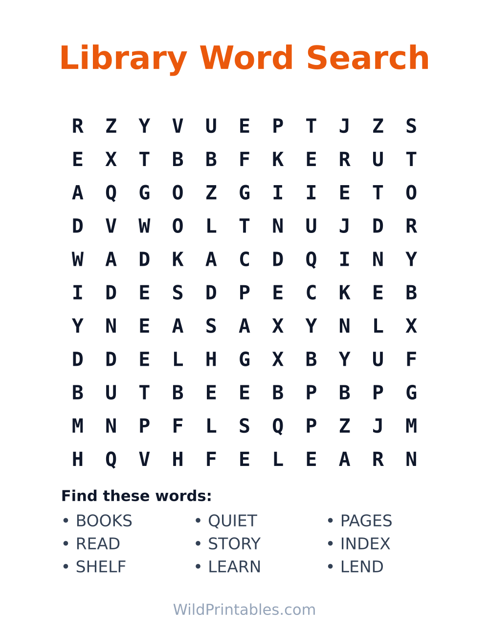 Library Word Search — free printable word search for kids to print and color at home