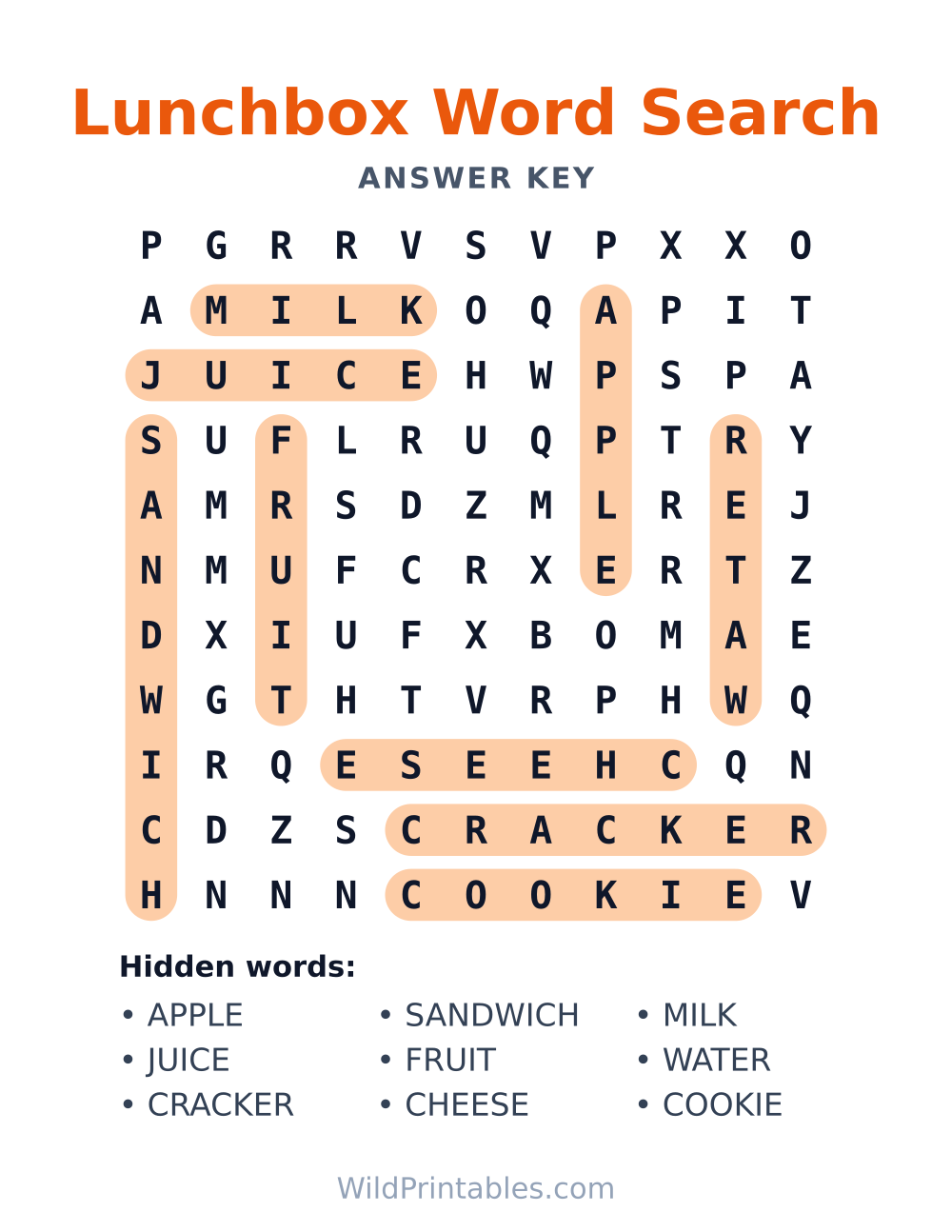 Lunchbox Word Search — answer key