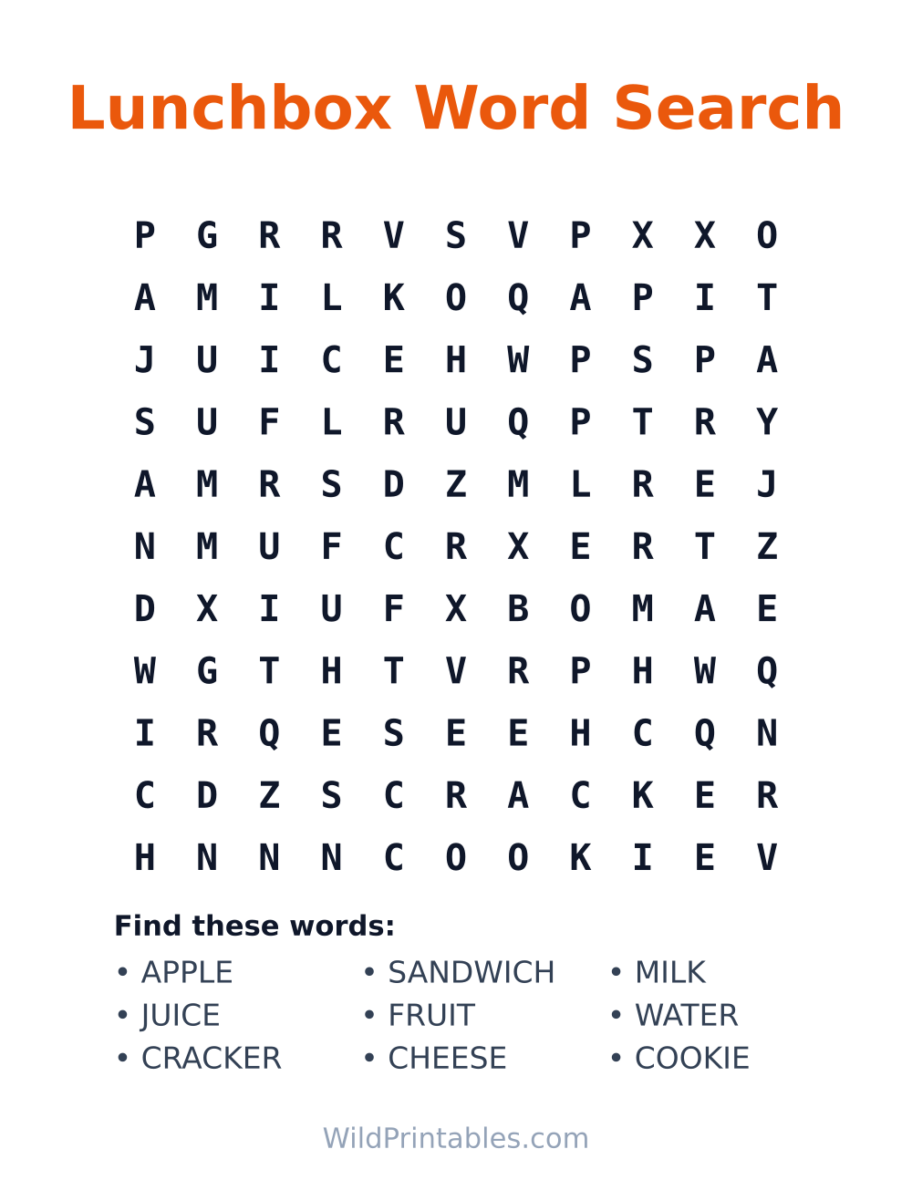 Lunchbox Word Search — free printable word search for kids