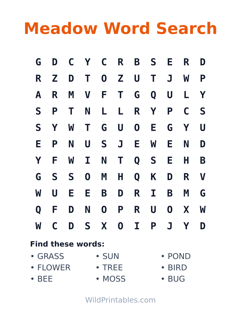 Meadow Word Search — free printable word search for kids