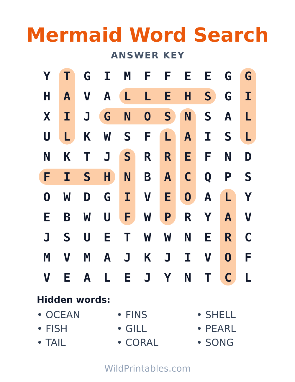 Mermaid Word Search — answer key
