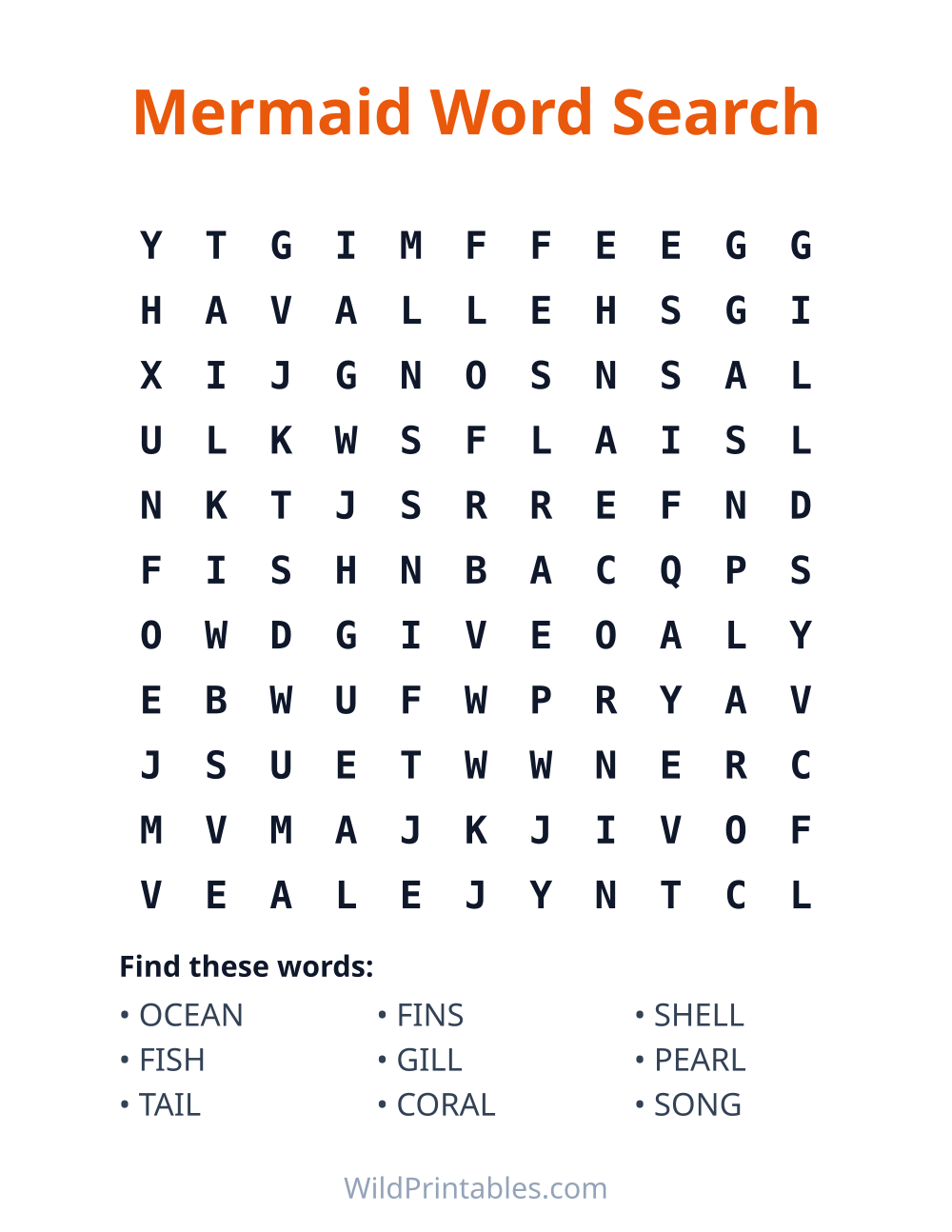 Mermaid Word Search — free printable word search for kids to print and color at home