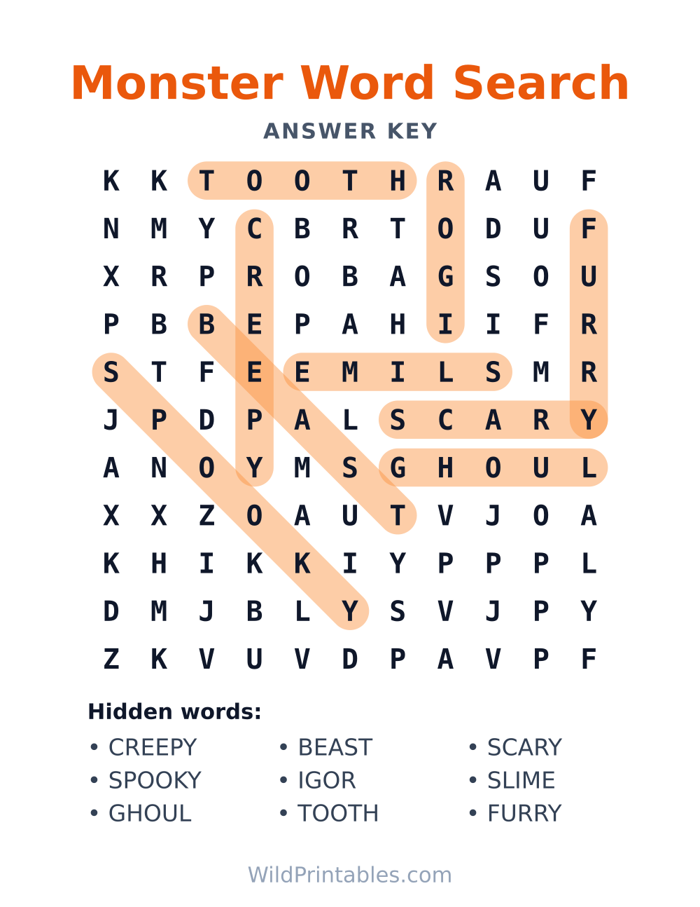 Monster Word Search — answer key