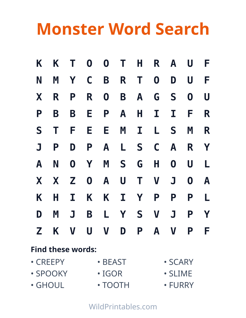 Monster Word Search — free printable word search for kids to print and color at home