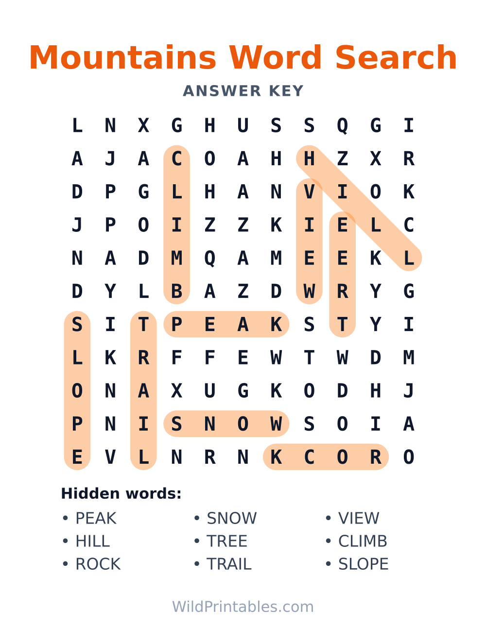 Mountains Word Search — answer key