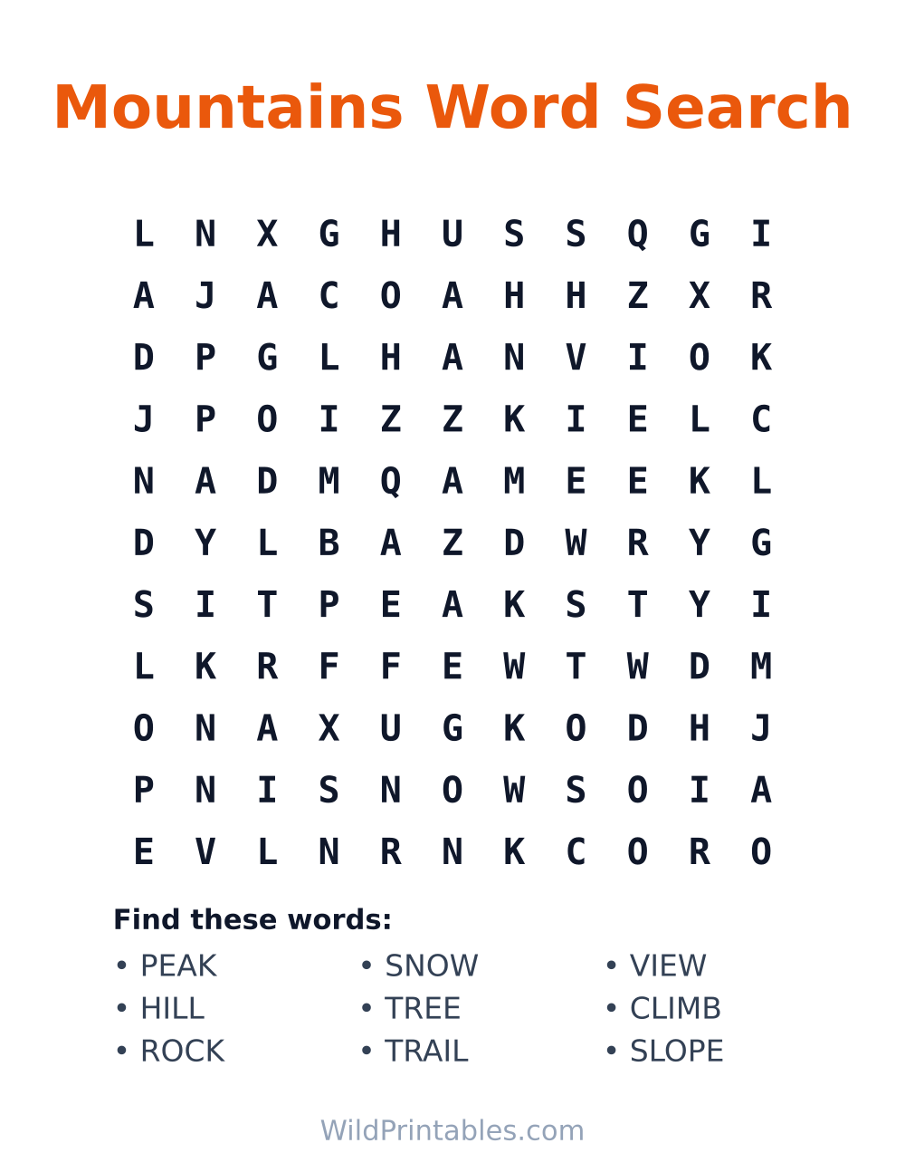 Mountains Word Search — free printable word search for kids