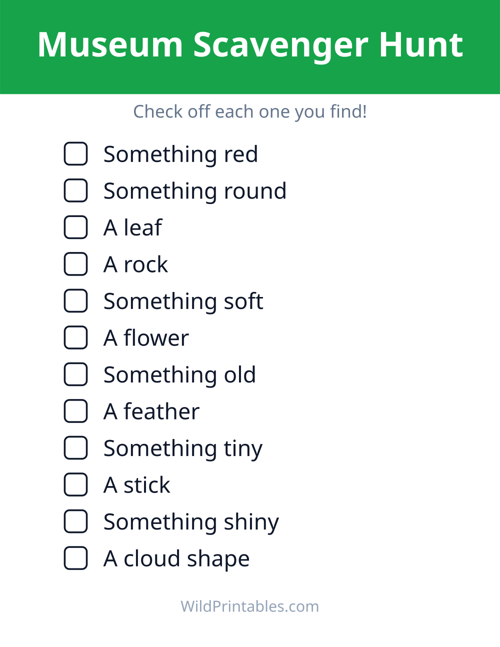 Museum Scavenger Hunt — free printable scavenger hunt for kids to print and color at home