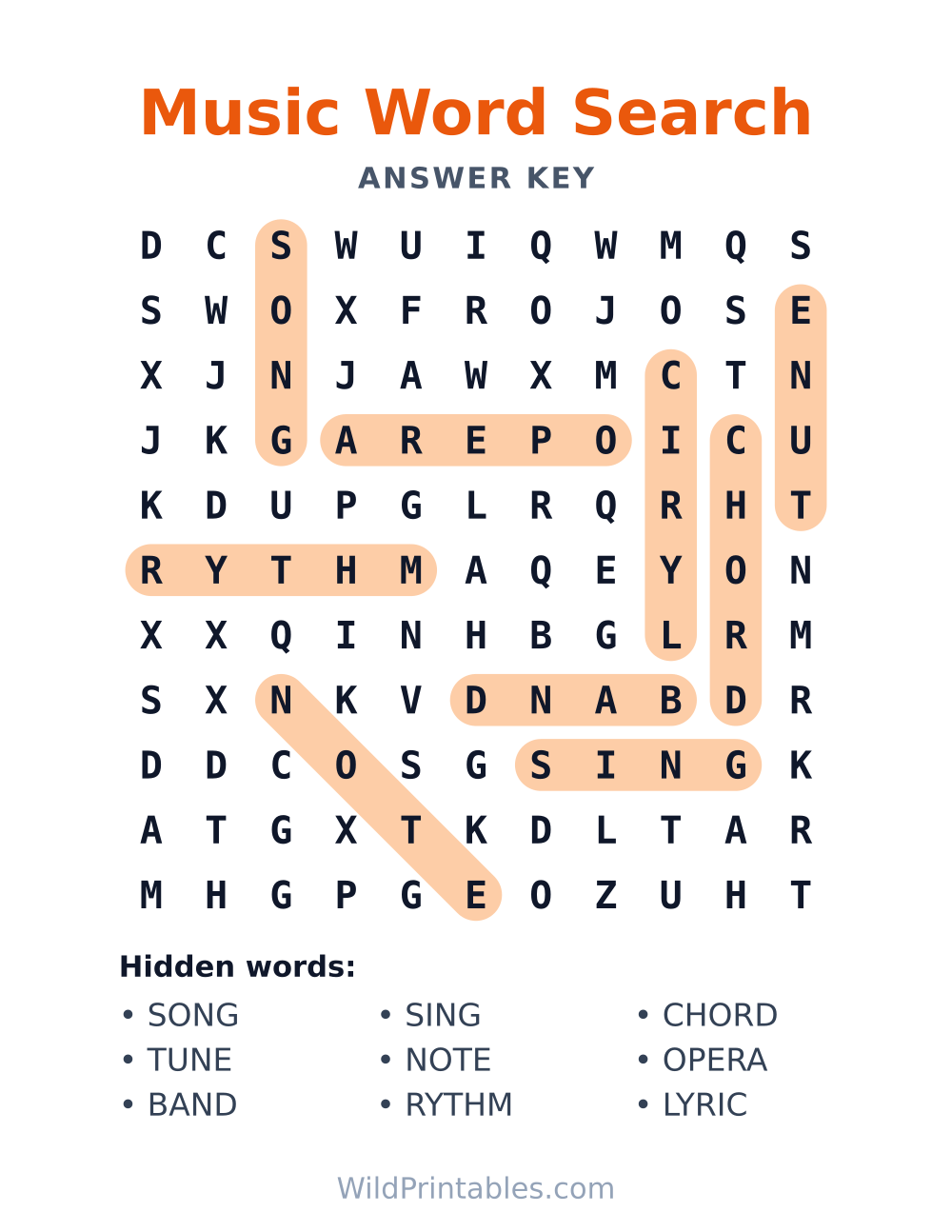 Music Word Search — answer key