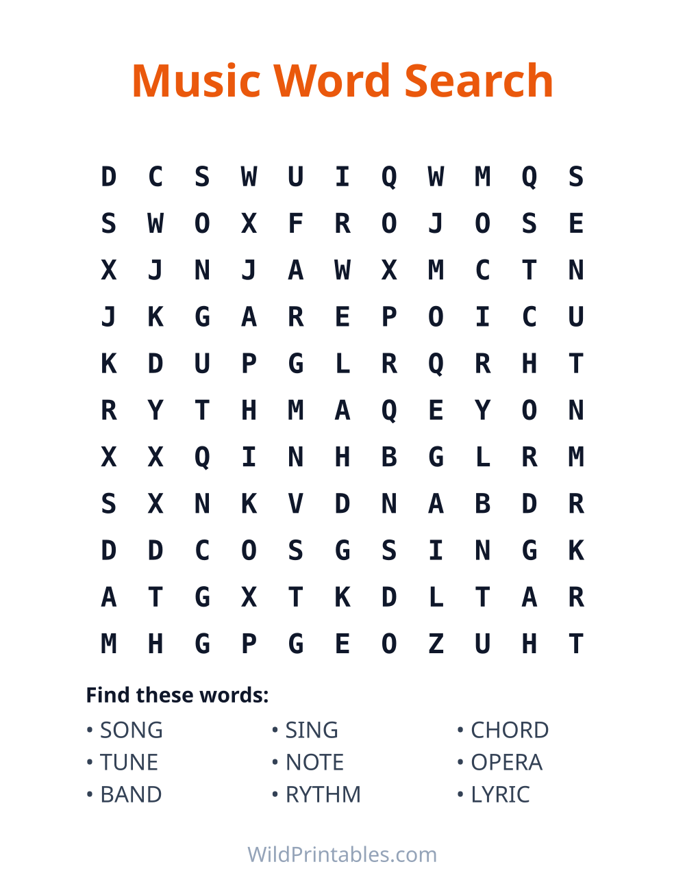 Music Word Search — free printable word search for kids to print and color at home