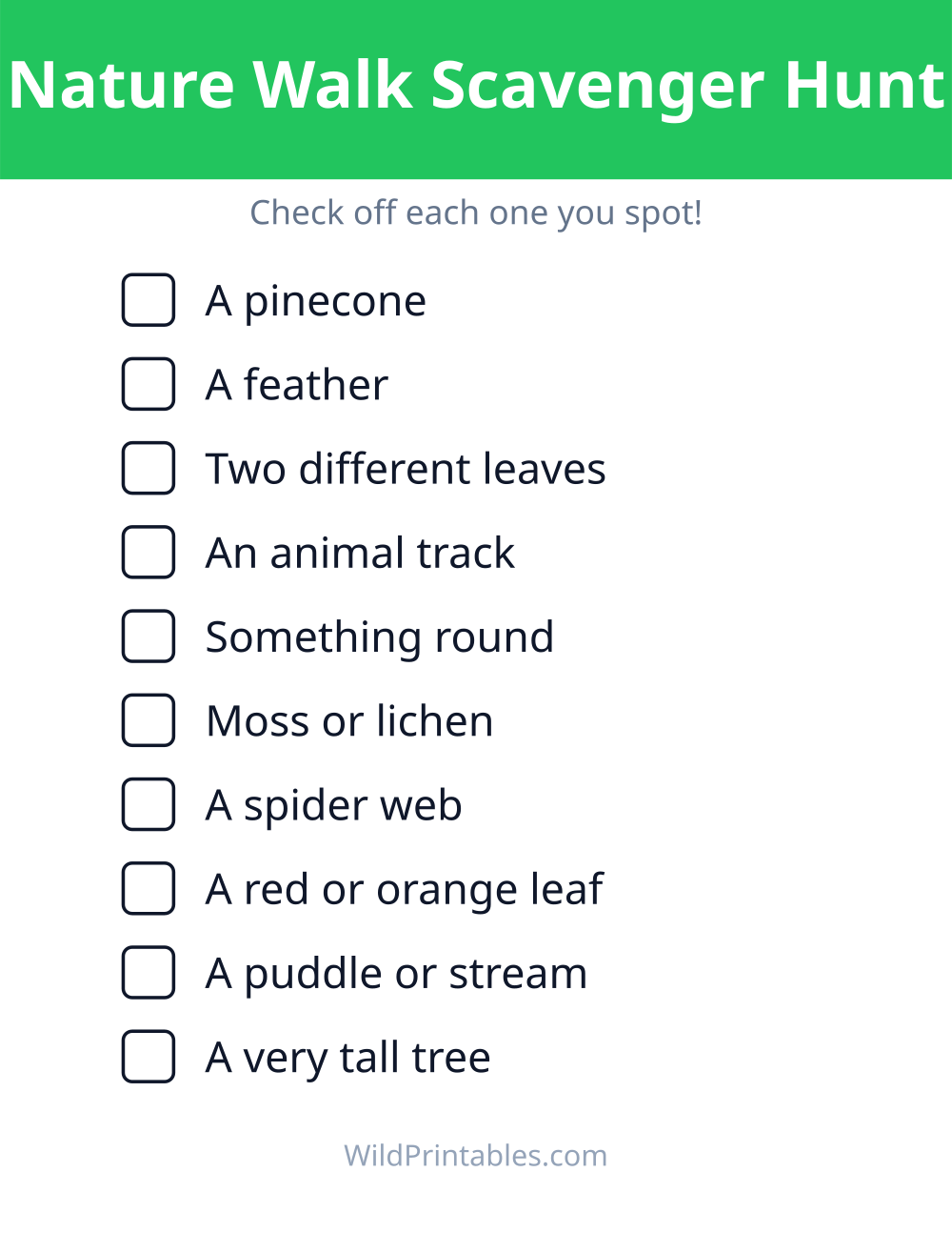 Nature Walk Scavenger Hunt — free printable scavenger hunt for kids
