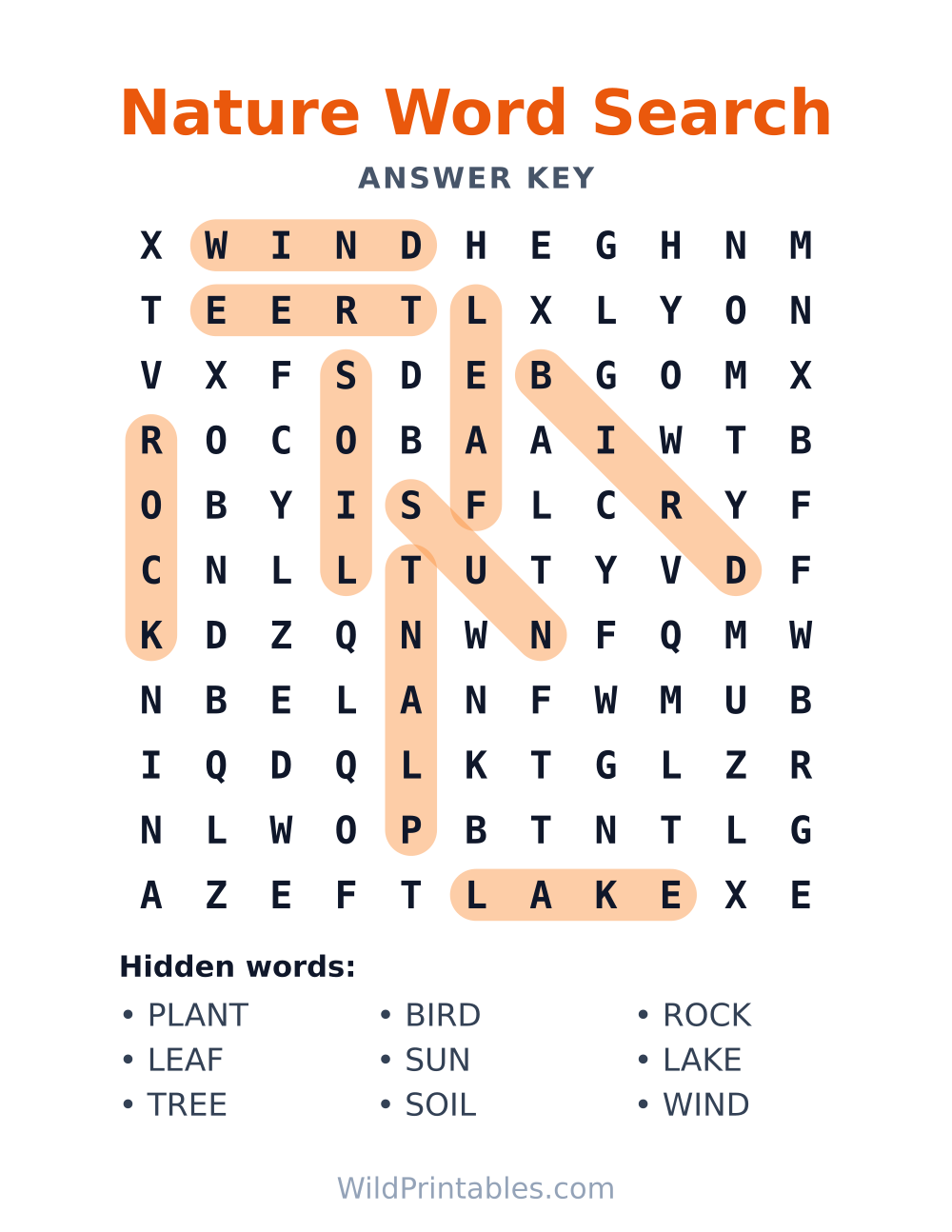 Nature Word Search — answer key