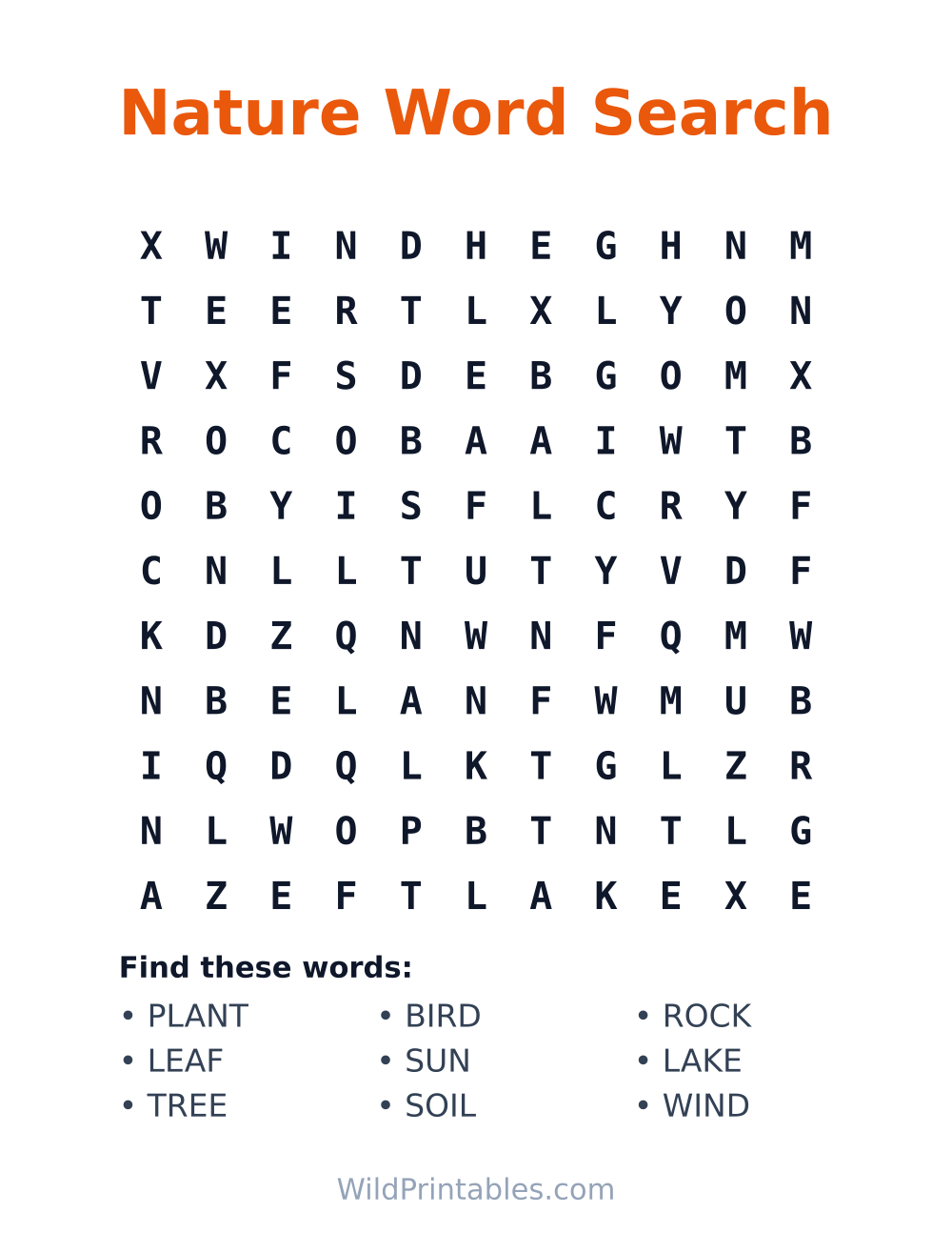 Nature Word Search — free printable word search for kids