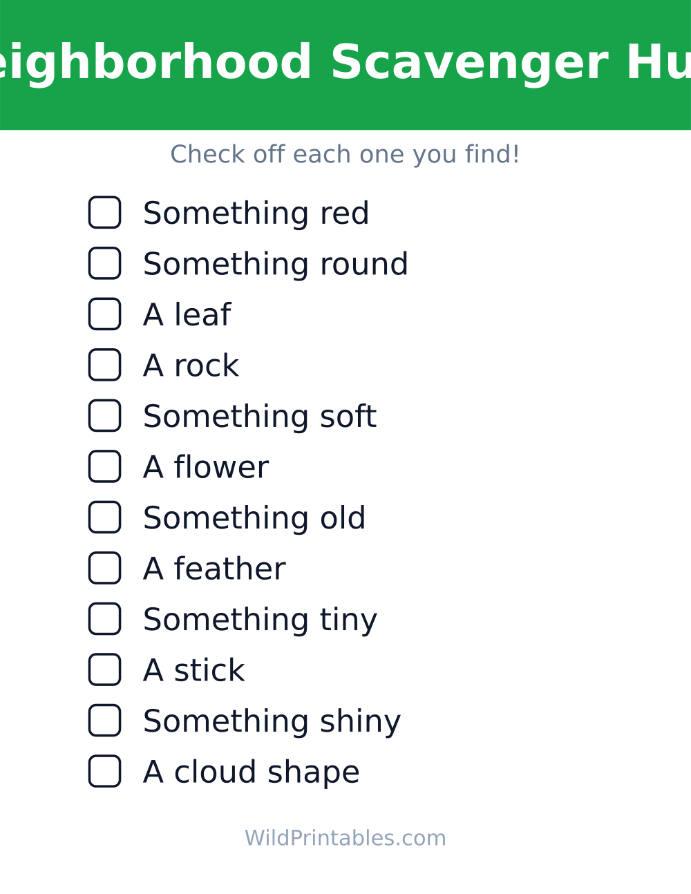 Neighborhood Scavenger Hunt — free printable scavenger hunt for kids
